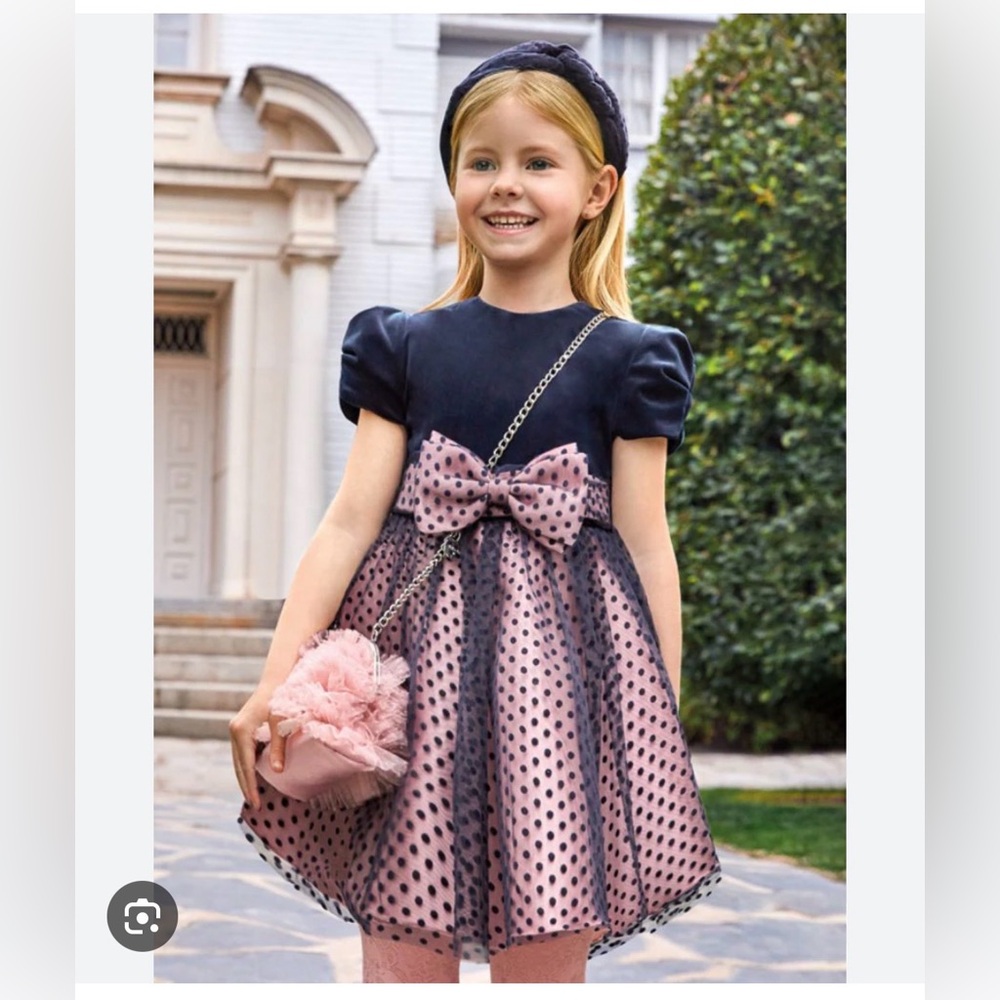 Abel and Lula Velvet Navy and Pink Polka Dot Dress with Bow sz 10